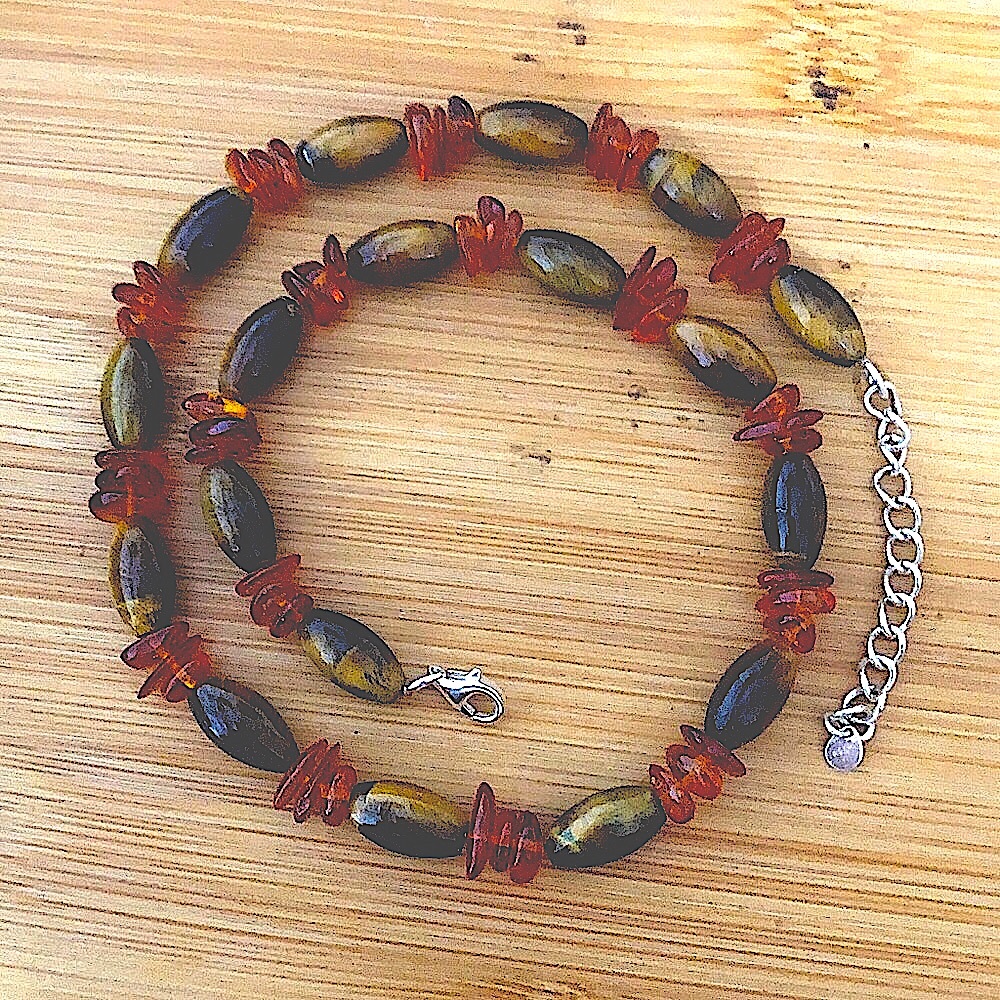 $78 Designer Amber and Tiger Eye Estate Necklace Sterling  Marked GSJ 925 China